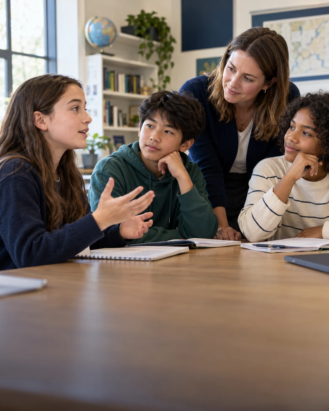 Illustrative trial class: three learners discussing an idea with an attentive teacher.