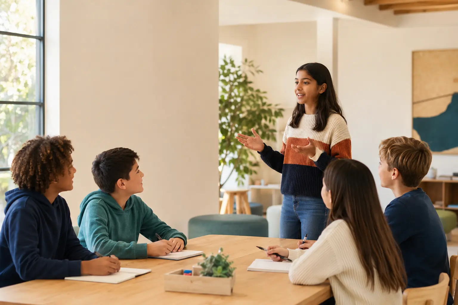 A student presents an argument while four peers listen and take notes.